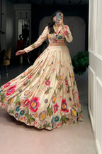 Floral Print Tasar Silk Lehenga Set