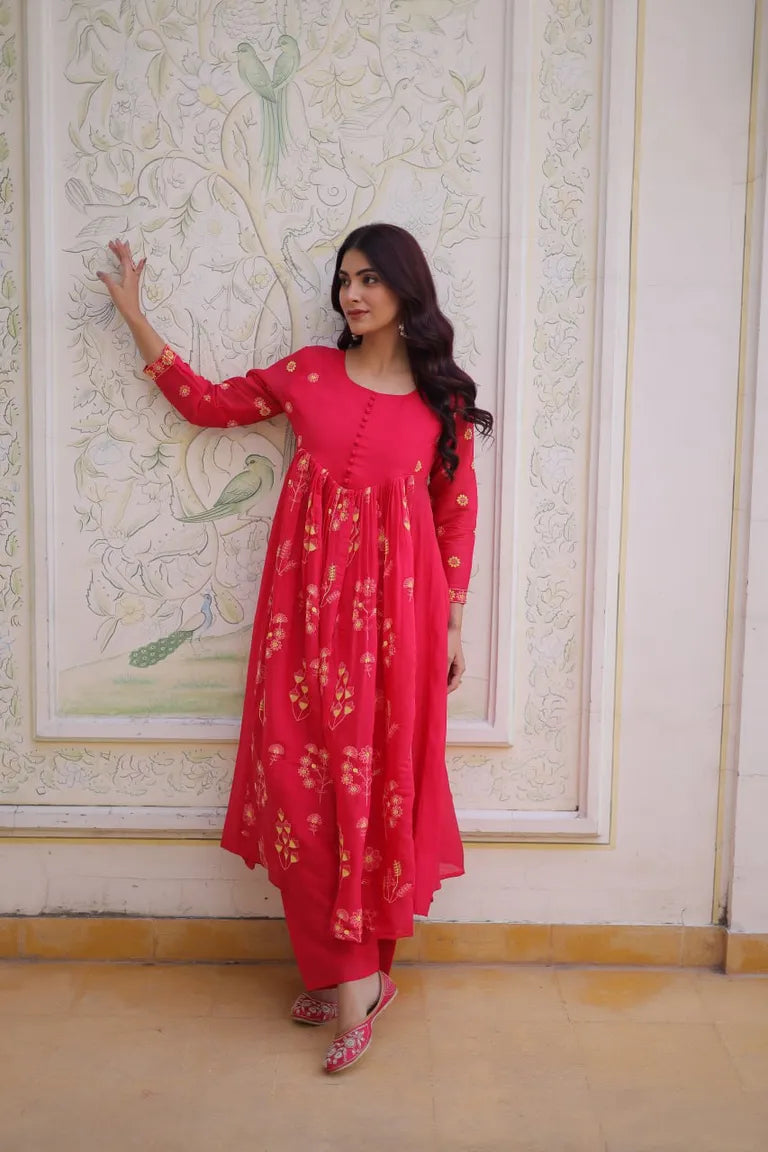 Festive Mal Chanderi Kurti Pant Set