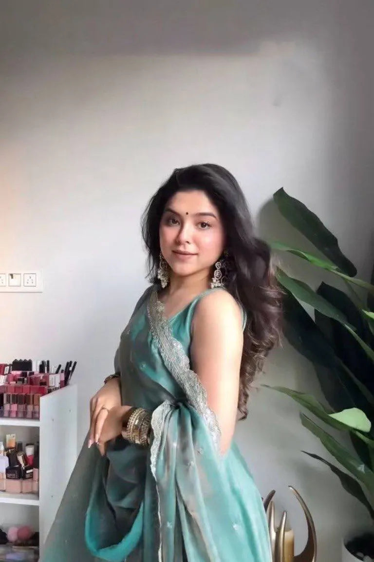 Teal Fandy Silk Anarkali Gown Set
