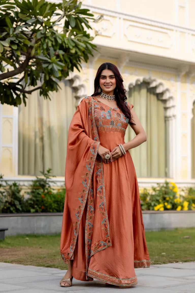 Festive Flared Silk Gown with Dupatta