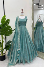Teal Fandy Silk Anarkali Gown Set