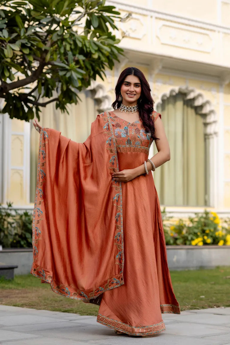 Festive Flared Silk Gown with Dupatta