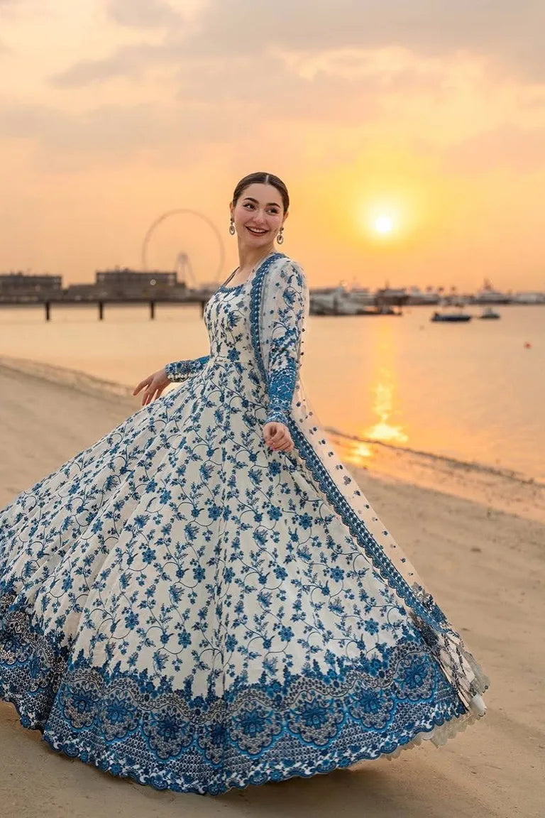 Blue & White Thread Work Anarkali Set