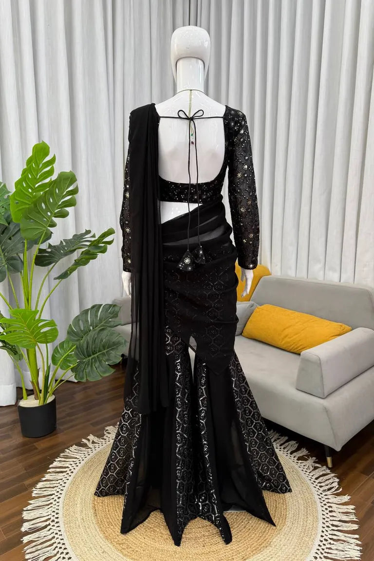 Black Sequin Georgette Sharara Set