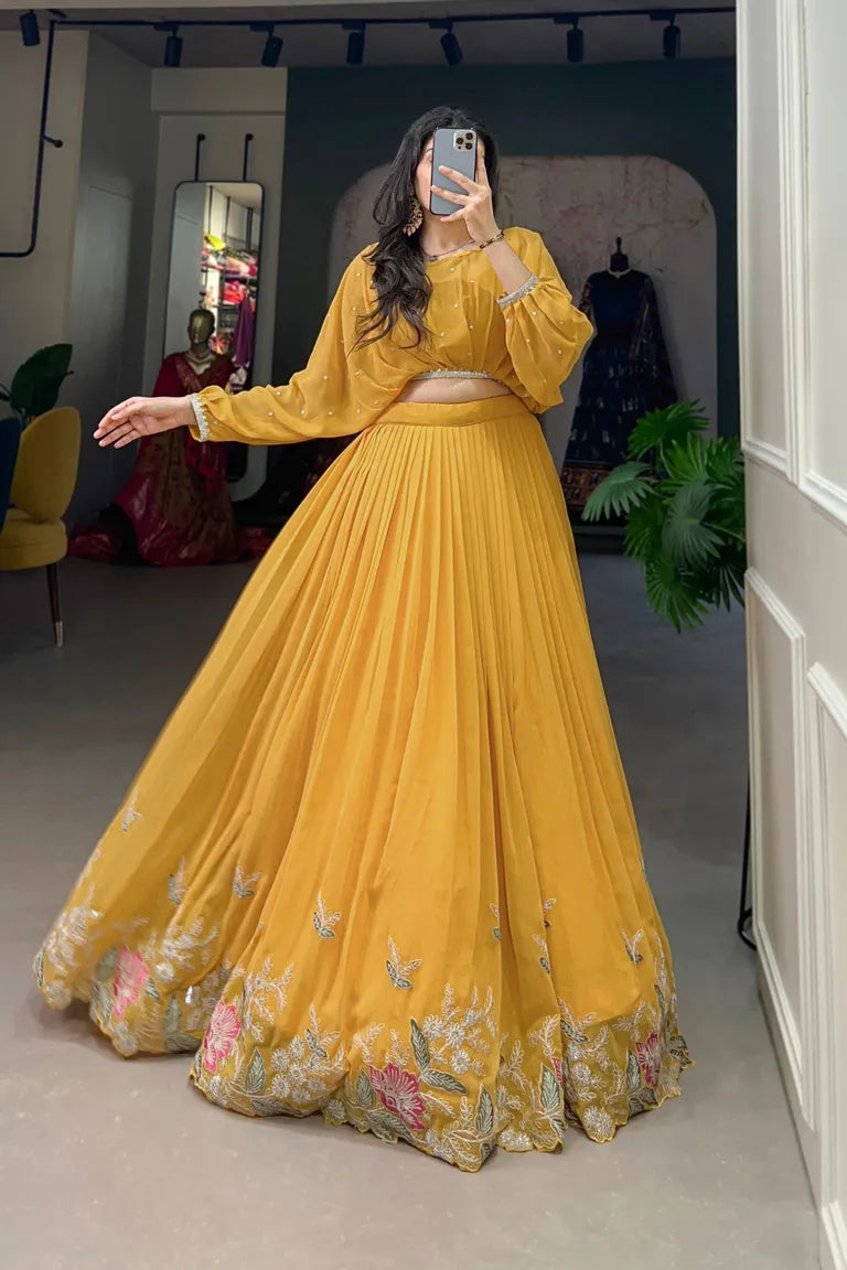 Pleated Embroidery Lehenga & Crop Top