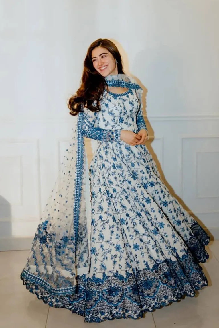 Blue & White Thread Work Anarkali Set
