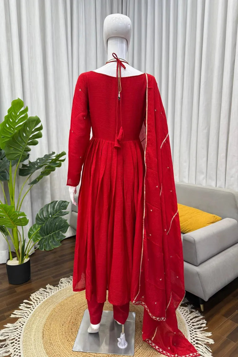 Red Chinon Silk Anarkali Gown Set