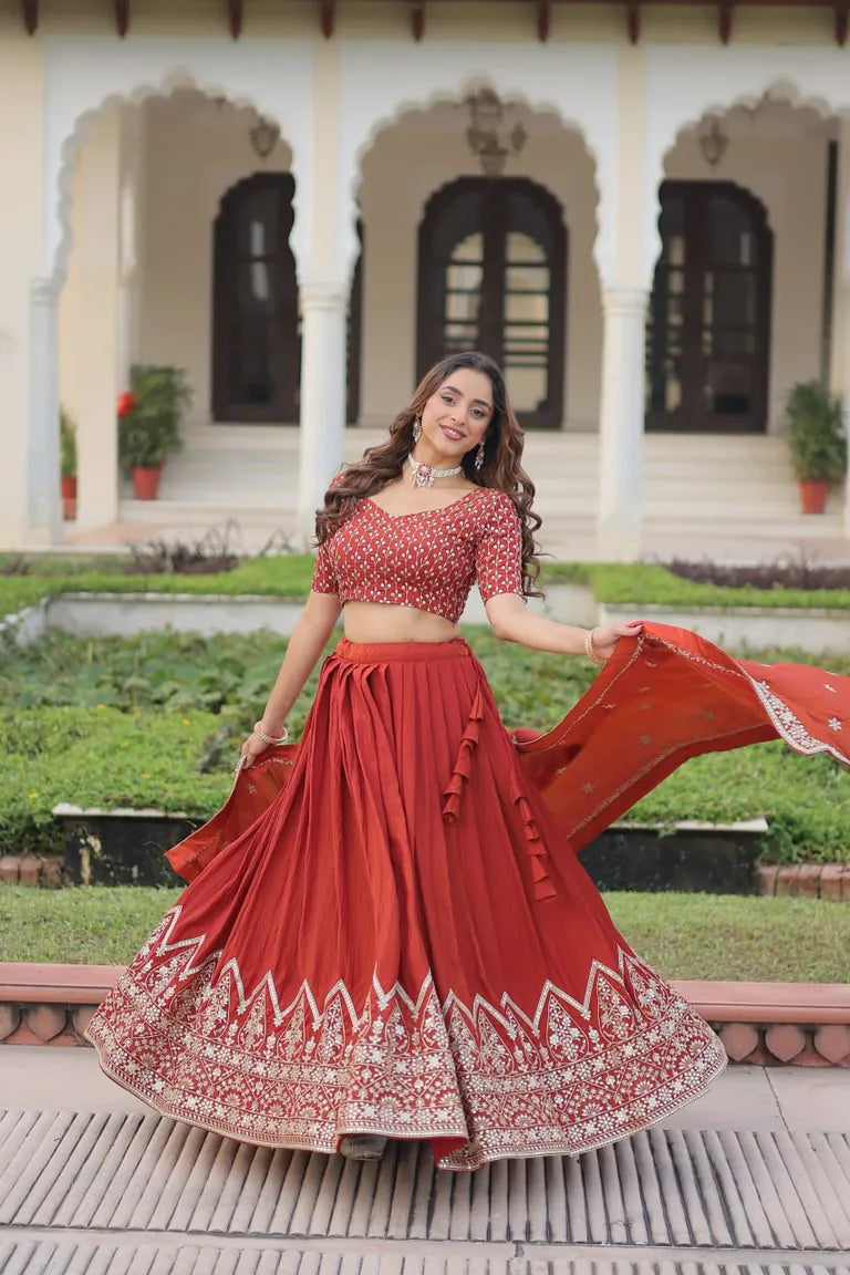 Festive Rust Orange Sequin Lehenga Set