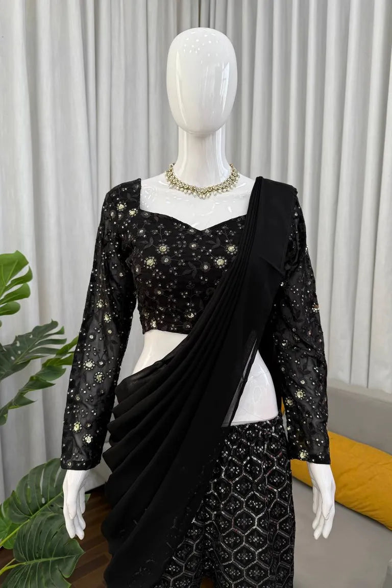 Black Sequin Georgette Sharara Set