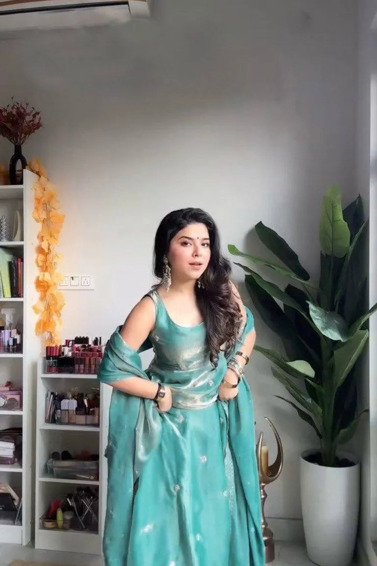 Teal Fandy Silk Anarkali Gown Set
