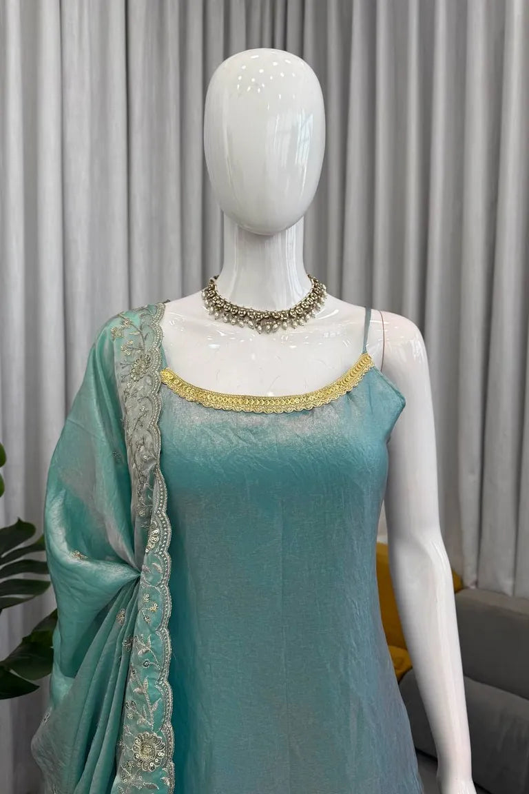 Aqua Fendy Silk Palazzo Suit Set