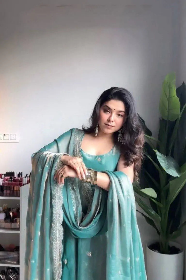 Teal Fandy Silk Anarkali Gown Set