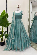 Teal Fandy Silk Anarkali Gown Set