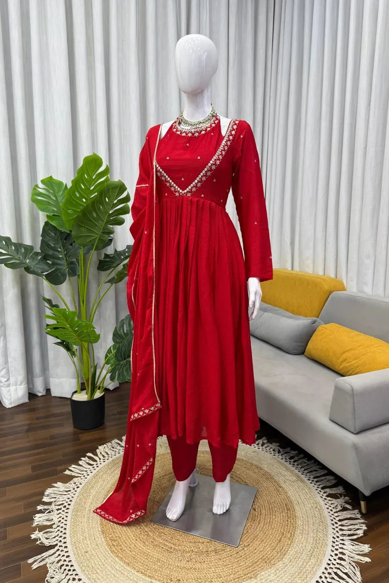 Red Chinon Silk Anarkali Gown Set