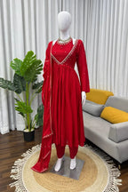 Red Chinon Silk Anarkali Gown Set
