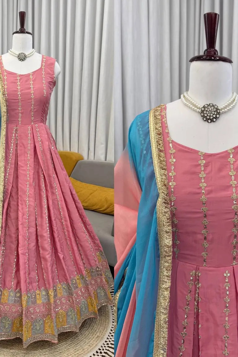 Pink Chinon Silk Anarkali Gown Set
