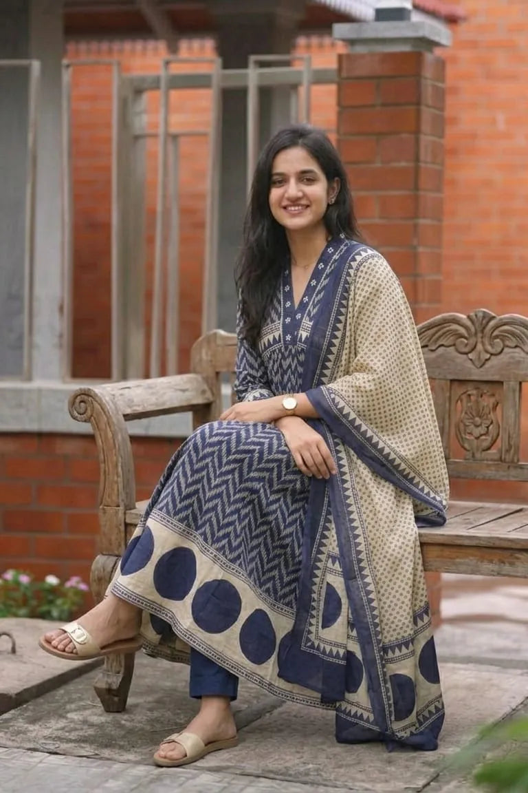 Cotton Chevron Mirror Work Kurta Set