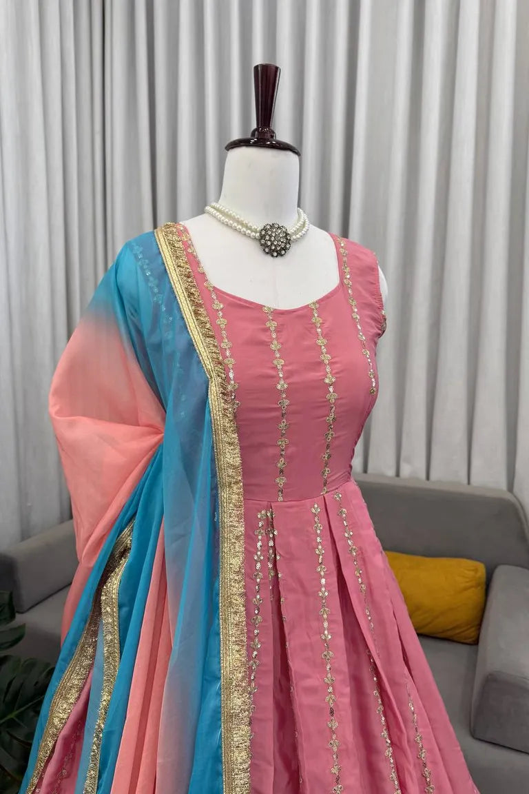 Pink Chinon Silk Anarkali Gown Set