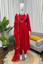 Red Chinon Silk Anarkali Gown Set