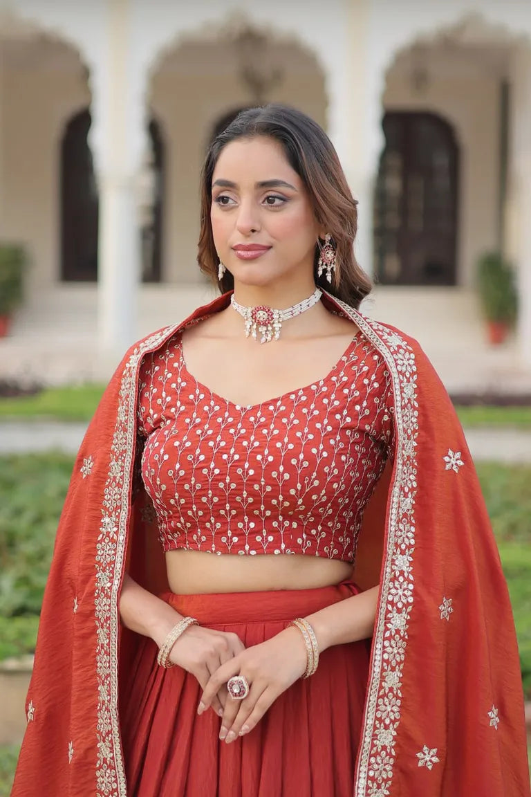 Festive Rust Orange Sequin Lehenga Set