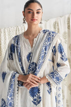 White & Blue Block Print Cotton Suit