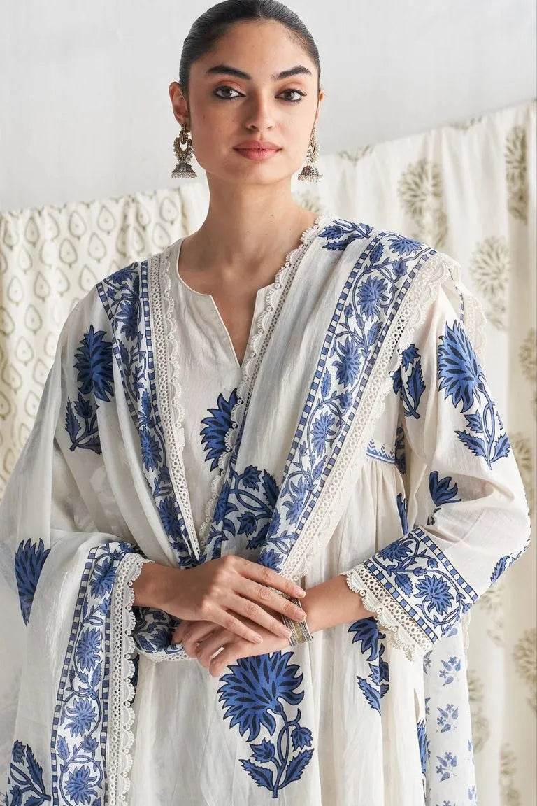 White & Blue Block Print Cotton Suit