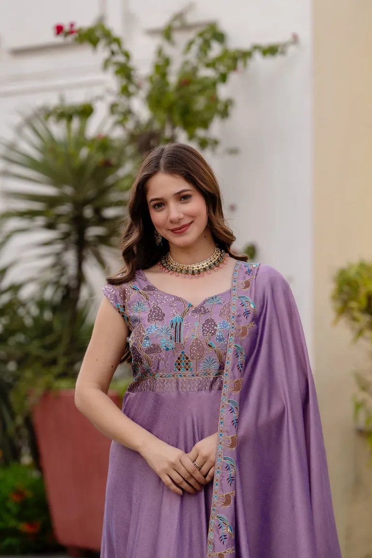 Festive Flared Silk Gown with Dupatta