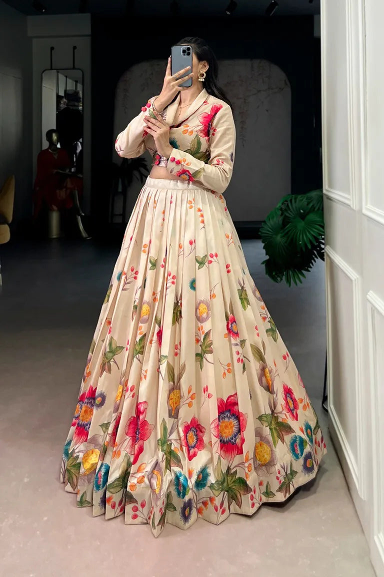Floral Print Tasar Silk Lehenga Set