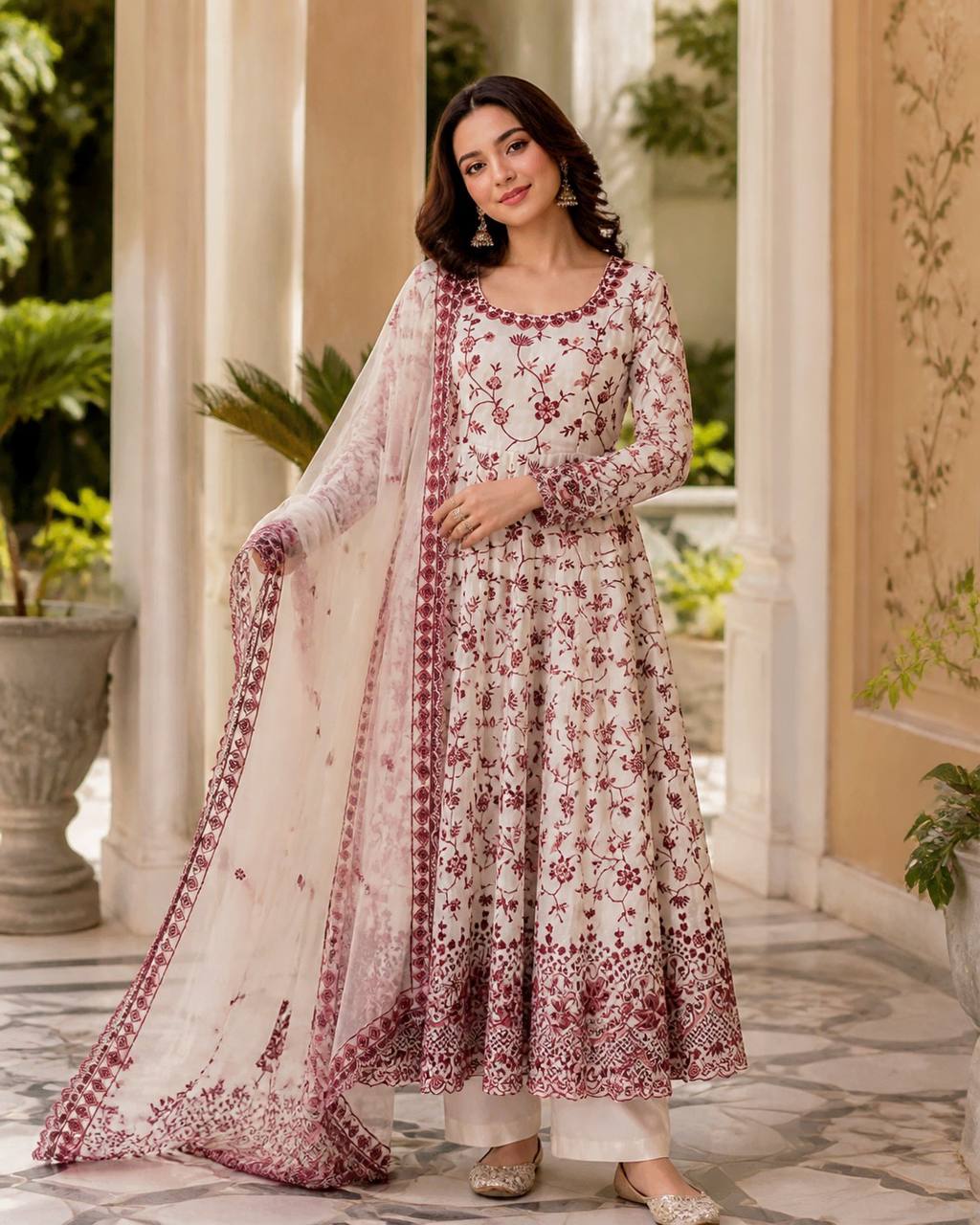 Blue & White Thread Work Anarkali Set