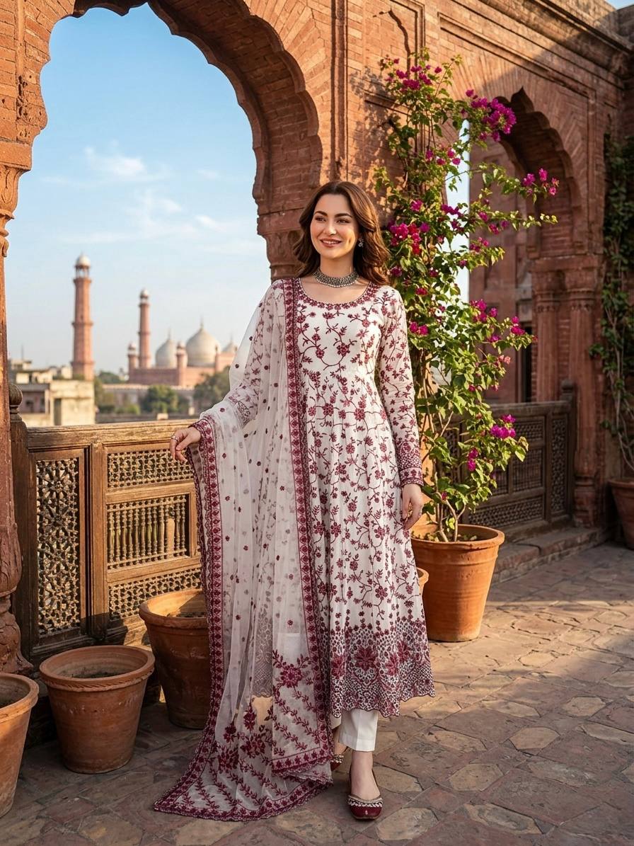 Blue & White Thread Work Anarkali Set