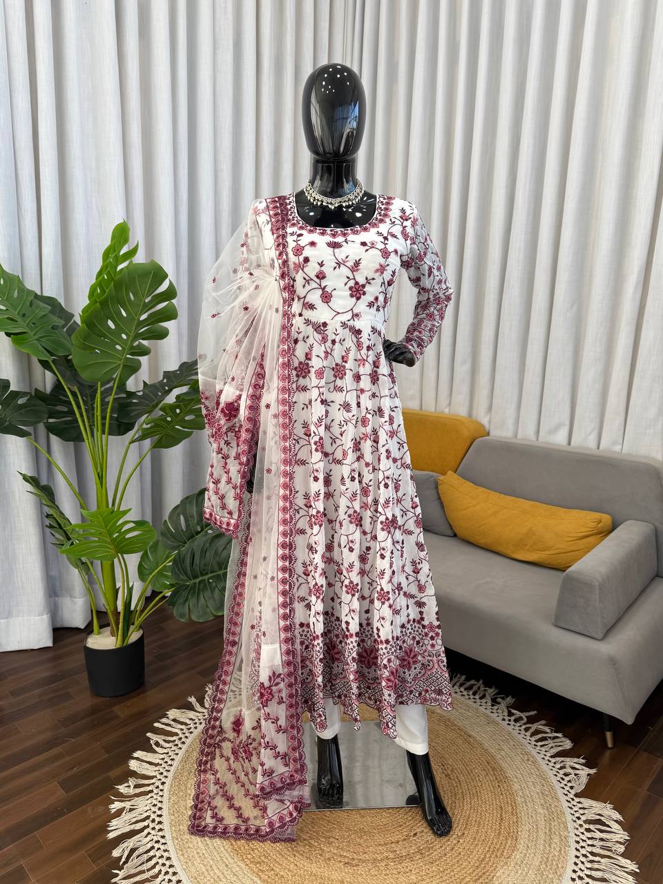 Blue & White Thread Work Anarkali Set