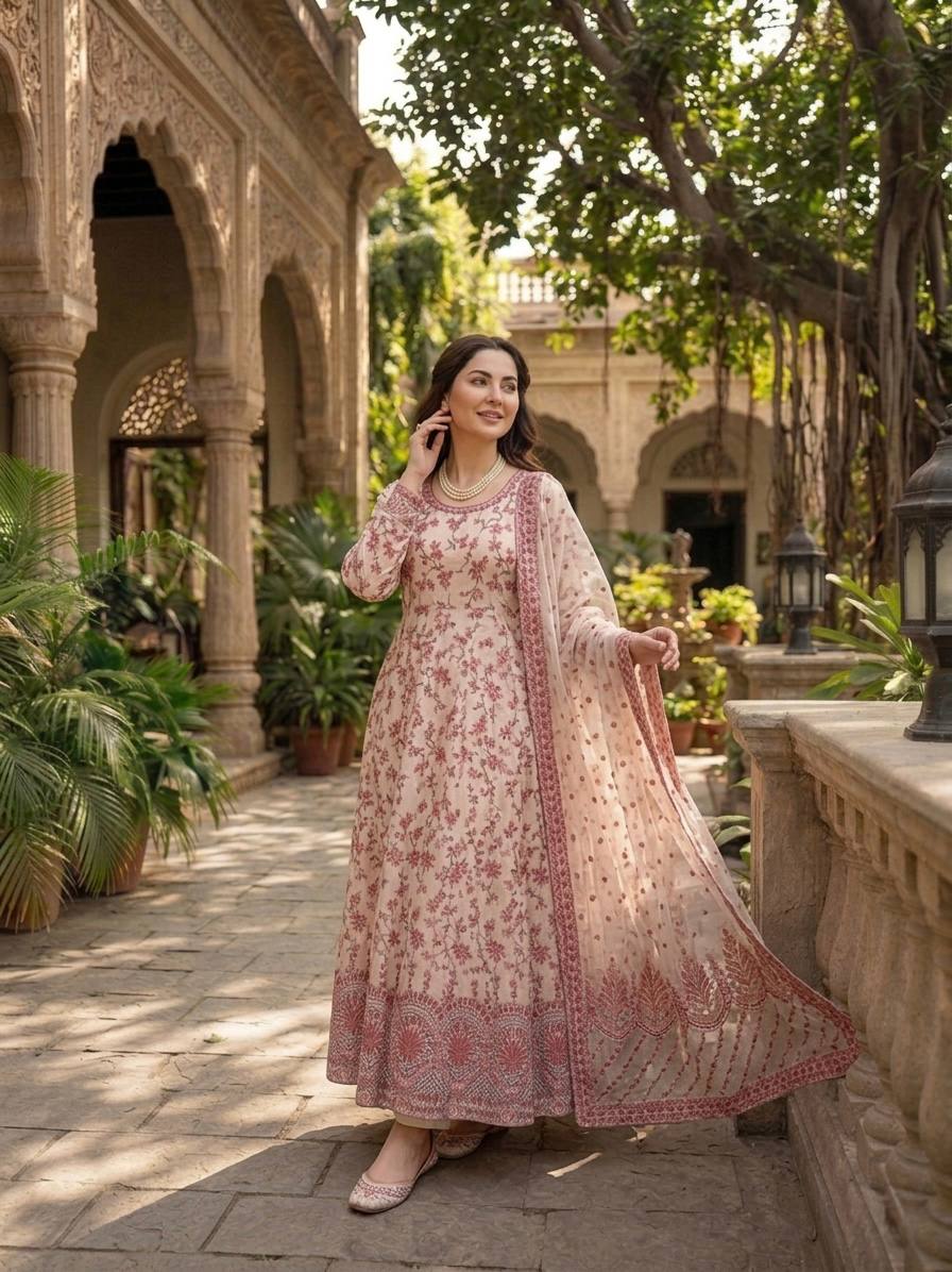 Blue & White Thread Work Anarkali Set