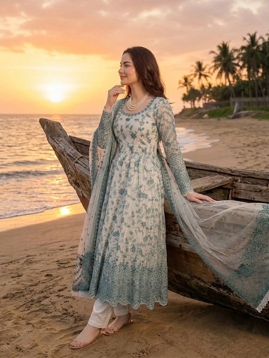 Blue & White Thread Work Anarkali Set