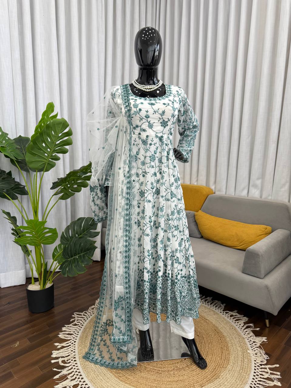 Blue & White Thread Work Anarkali Set