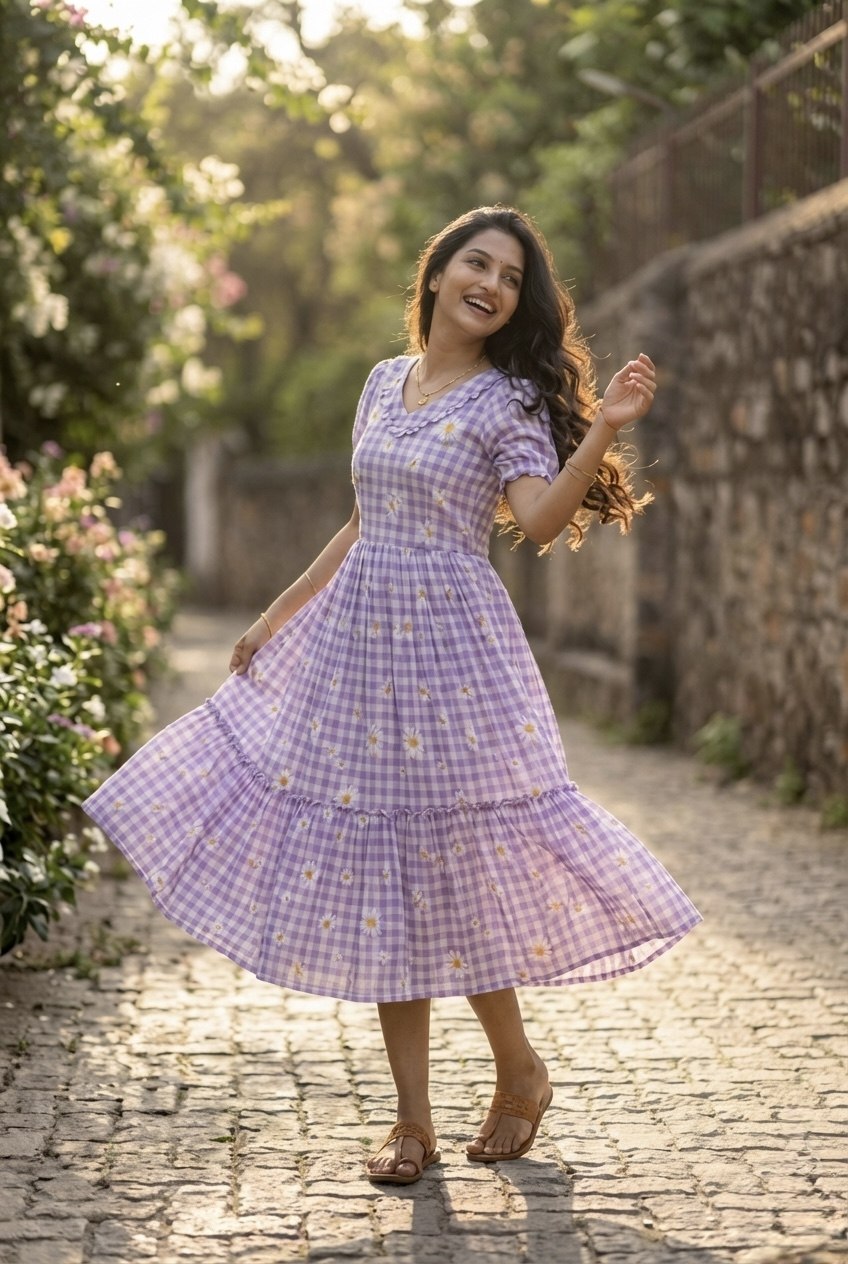 Muslin Silk Checkered Summer Dress