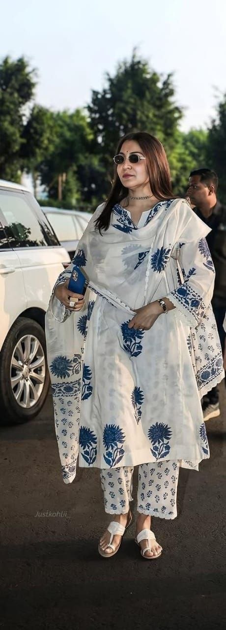 White & Blue Block Print Cotton Suit