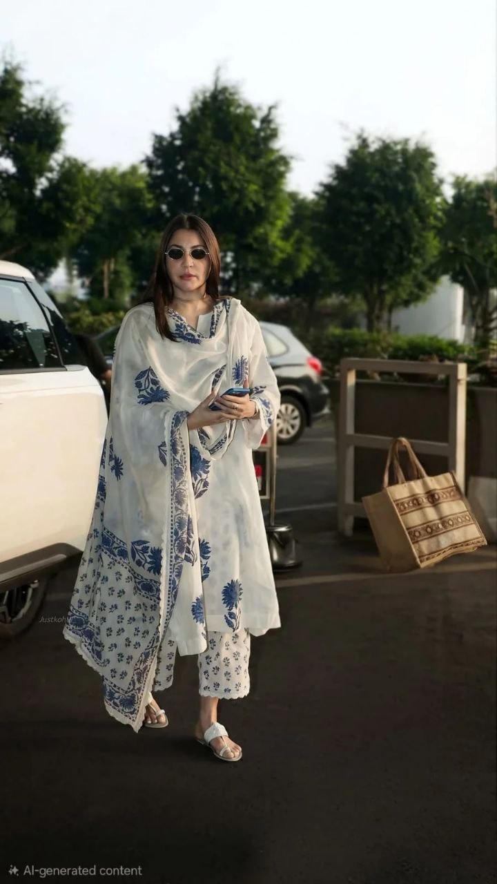 White & Blue Block Print Cotton Suit