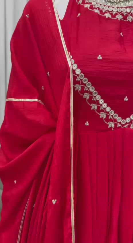 Red Chinon Silk Anarkali Gown Set