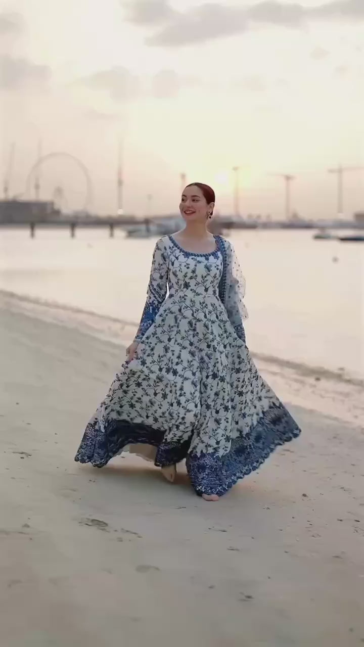 Blue & White Thread Work Anarkali Set